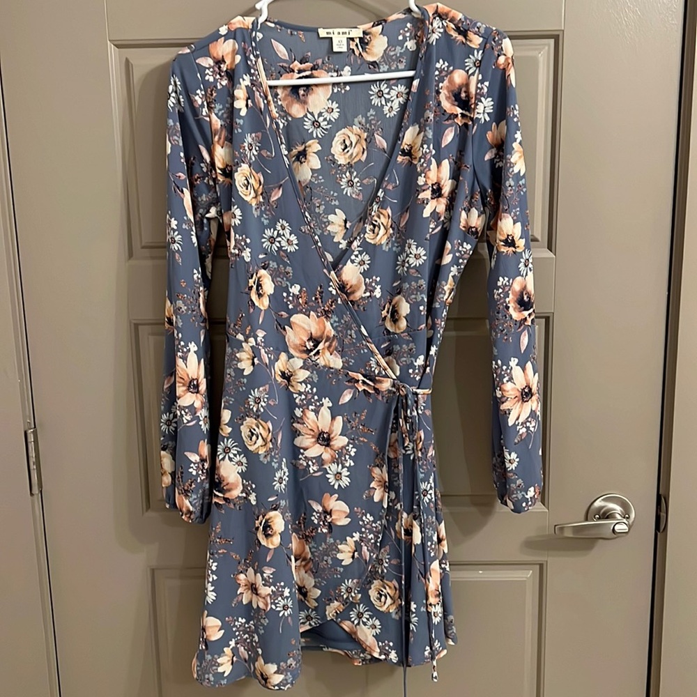 Long sleeve floral wrap dress